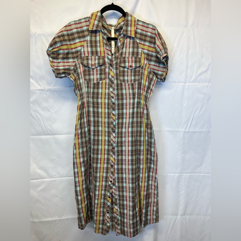 Uncle Frank Brown Plaid Midi Shirt Dress with Yellow & Red Stripes